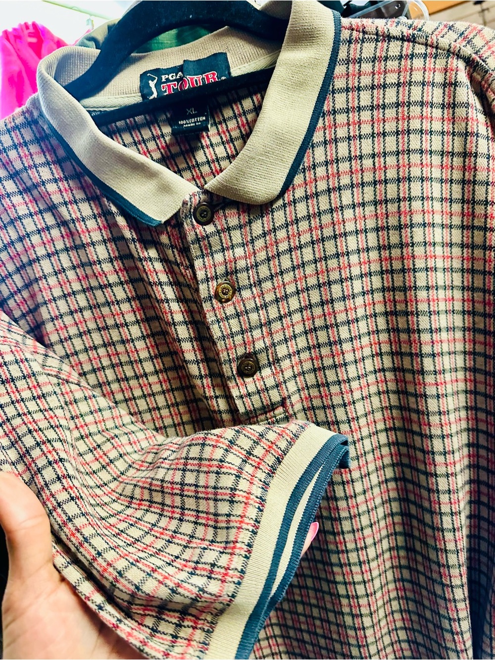 PGA Tour Cream Plaid Short-Sleeve Polo with Red & Navy Trim